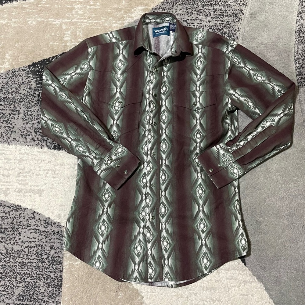 Wrangler Western Shirt Mens Small Brown Green Aztec Geometric Pearl Snap Cowboy
